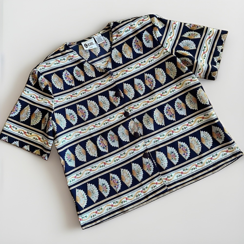 Vtg 80s EHL Petite Button Shirt Japanese Folding Fan Novelty Print Shoulder Pads